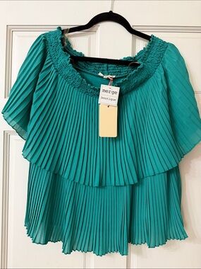 entro Teal Pleated Off-Shoulder Layered Blouse